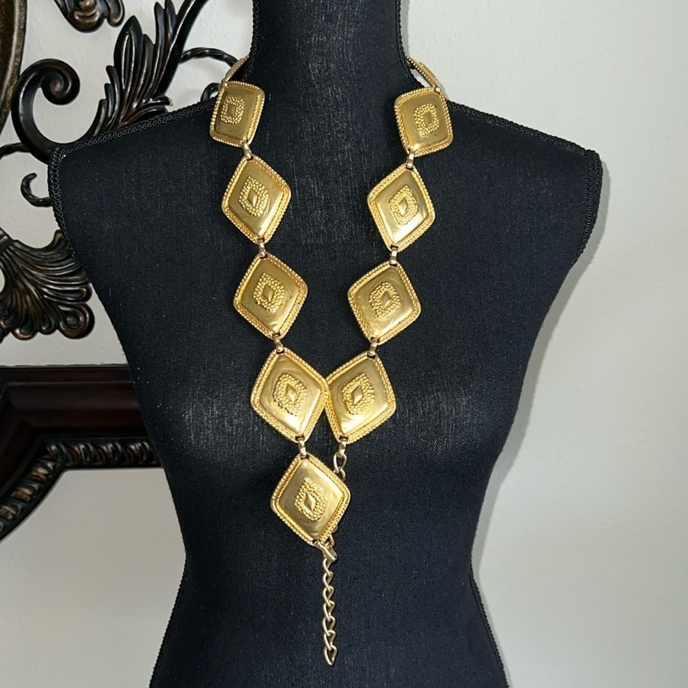 ESCADA Women’s Gilded Gold Tone Ornate Diamond Shaped Heavy Metal Designer Belt